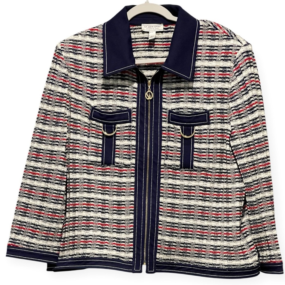 St. John Sport Knit Full Zip Navy,Red & White Collared Sweater Dog Show Size XL